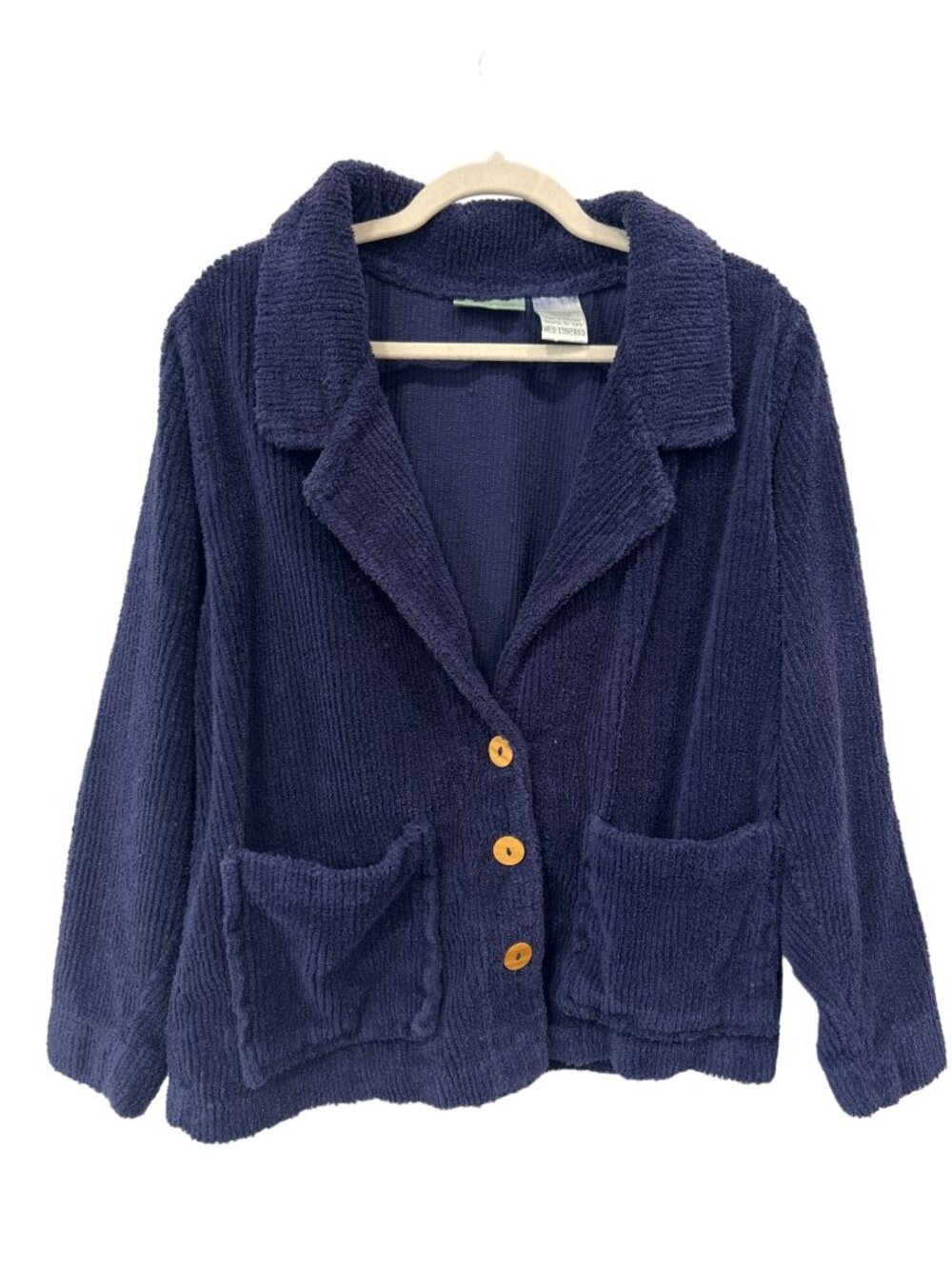 220 Hickory Cardigan Jacket Medium Corduroy Chenille Blue Cozy Comfort Nautical